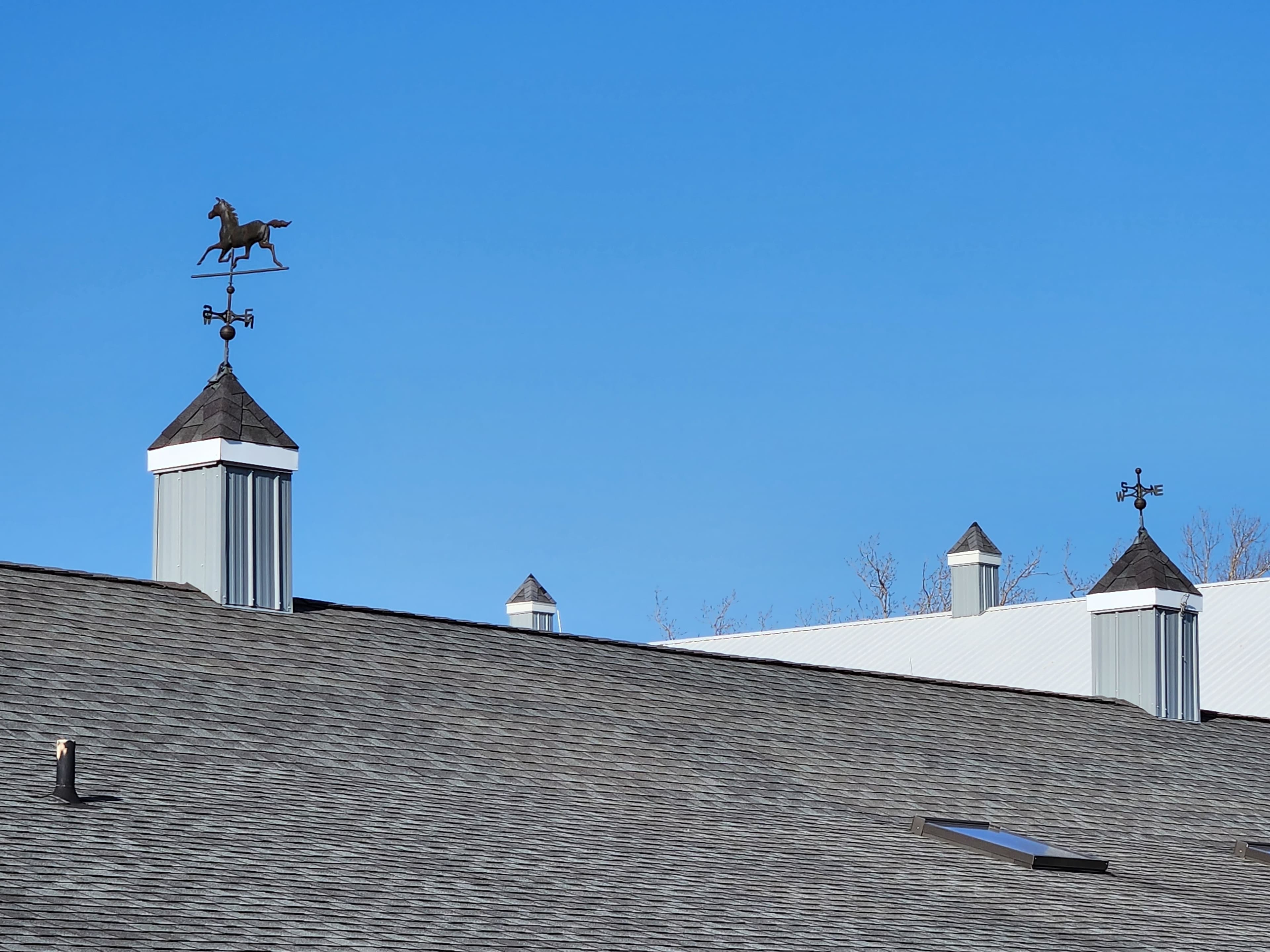 Barn cupolas and horse weather vane against a clear sky